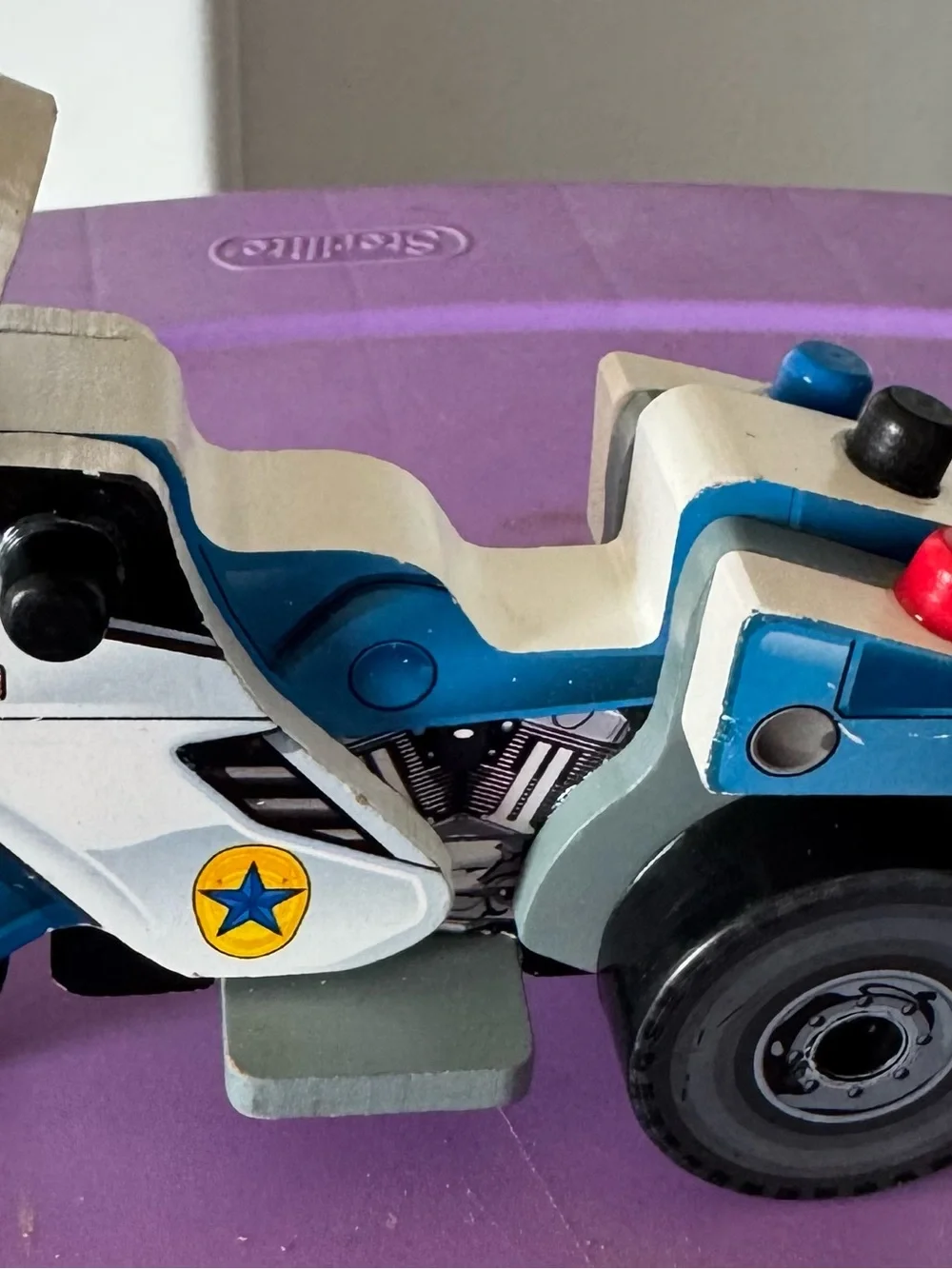 Vintage Style Wooden Police Motorcycle Toy Chunky Wood Vehicle
